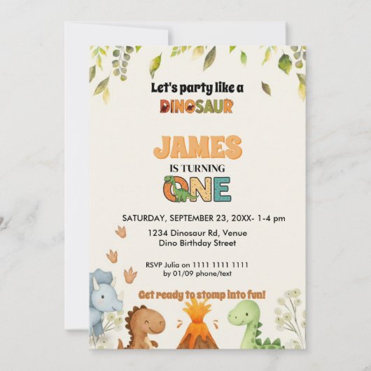Cute Watercolor Dinosaur 1st Birthday Invitation 招待状 (正面)