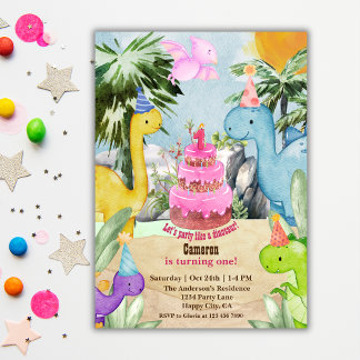 Cute Watercolor Dinosaur 1st Birthday Party 招待状