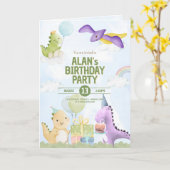 Cute Watercolor Dinosaur Birthday Invitation カード (黄色い花)