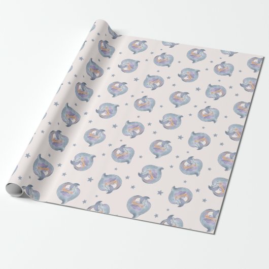 Cute Watercolor Dolphin and Stars Seamless Pattern ラッピングペーパー (アンロールド)