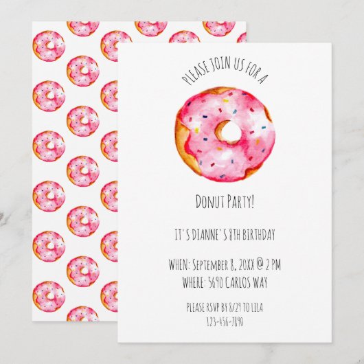 Cute watercolor Donut pink Glaze birthday 招待状 (正面/裏面)