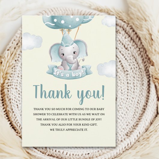 Cute Watercolor Elephant Baby shower Boy サンキューカード
