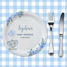 Cute Watercolor Elephant baby shower Boy ペーパープレート