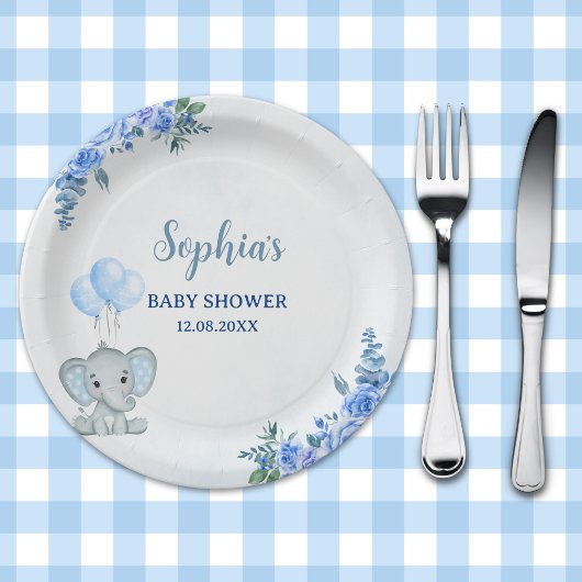 Cute Watercolor Elephant baby shower Boy ペーパープレート