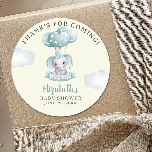  Cute Watercolor Elephant Baby Shower Boy ラウンドシール