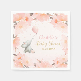 Cute Watercolor Elephant Floral Girl Baby Shower スタンダードカクテルナプキン