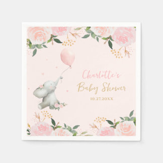 Cute Watercolor Elephant Floral Girl Baby Shower スタンダードカクテルナプキン