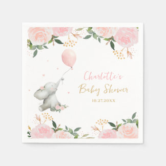 Cute Watercolor Elephant Floral Girl Baby Shower スタンダードカクテルナプキン