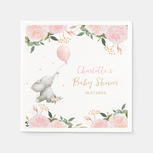 Cute Watercolor Elephant Floral Girl Baby Shower スタンダードカクテルナプキン (正面)