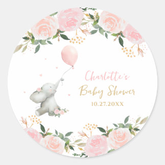 Cute Watercolor Elephant Floral Girl Baby Shower ラウンドシール