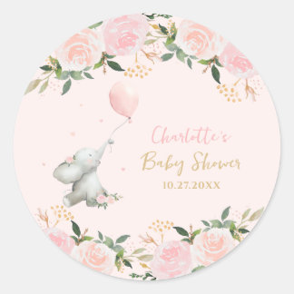 Cute Watercolor Elephant Floral Girl Baby Shower ラウンドシール