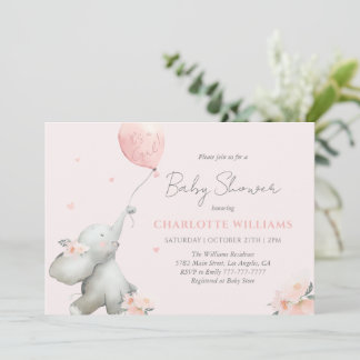 Cute Watercolor Elephant Floral Girl Baby Shower 招待状