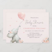 Cute Watercolor Elephant Floral Girl Baby Shower 招待状 (正面/裏面)