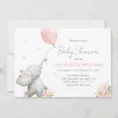 Cute Watercolor Elephant Floral Girl Baby Shower 招待状 (正面)
