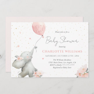Cute Watercolor Elephant Floral Girl Baby Shower 招待状