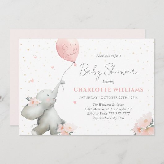 Cute Watercolor Elephant Floral Girl Baby Shower 招待状 (正面/裏面)