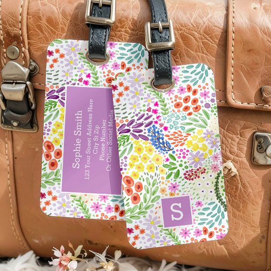 Cute Watercolor Floral Blooming Spring Monogram ラゲッジタグ