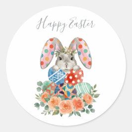 Cute Watercolor Floral Happy Easter Bunny Eggs ラウンドシール