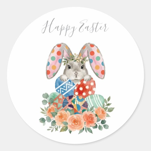 Cute Watercolor Floral Happy Easter Bunny Eggs ラウンドシール (正面)