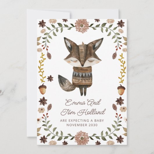 Cute Watercolor Fox Pregnancy 案内状 (正面)
