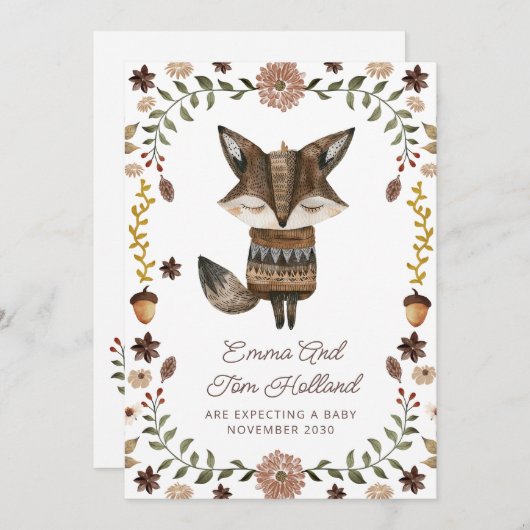 Cute Watercolor Fox Pregnancy 案内状 (正面/裏面)