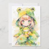 Cute watercolor frog girl birthday 招待状 (正面)