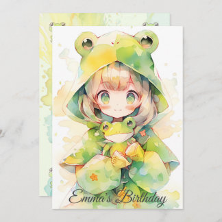 Cute watercolor frog girl birthday 招待状