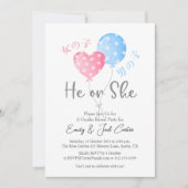Cute Watercolor Gender Reveal Heart Balloon 招待状 (正面)