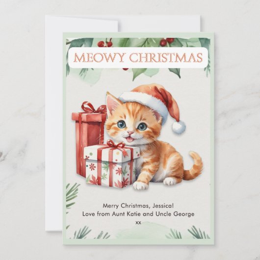 Cute Watercolor Ginger Kitten Custom Christmas シーズンカード (正面)