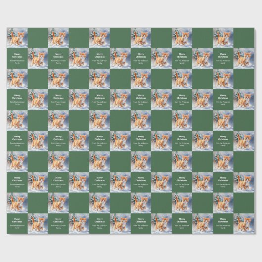 Cute Watercolor Ginger Kitten Green Christmas ラッピングペーパー (フラット)