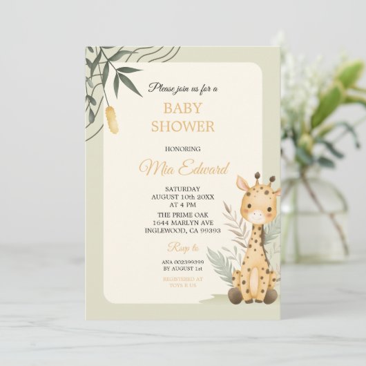 Cute Watercolor Giraffe Baby Shower Design 招待状 (スタンド正面)
