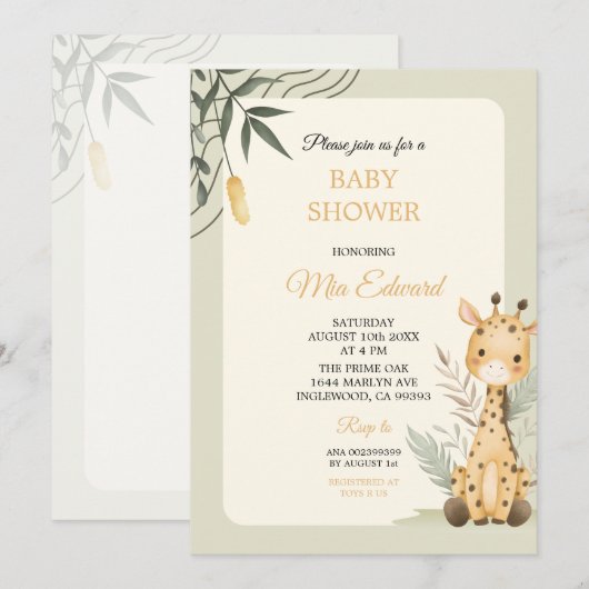 Cute Watercolor Giraffe Baby Shower Design 招待状 (正面/裏面)