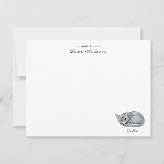 Cute watercolor grey cat personalized flat  サンキューカード (正面)
