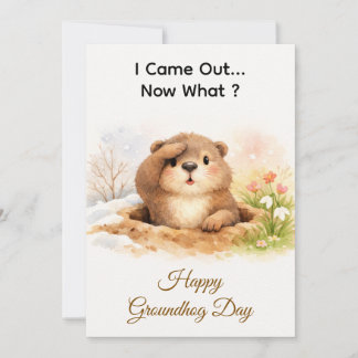 Cute Watercolor Groundhog Popping Out Of Hole シーズンカード