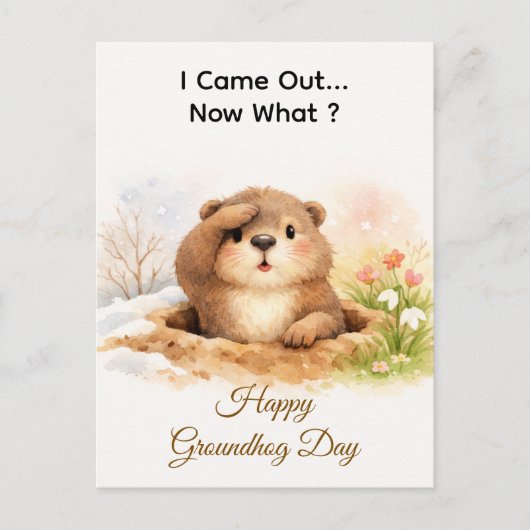 Cute Watercolor Groundhog Popping Out Of Hole シーズンポストカード (正面)