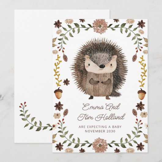 Cute Watercolor Hedgehog Pregnancy 案内状 (正面/裏面)