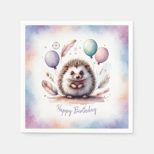 Cute Watercolor Hedgehog with Balloons Birthday スタンダードカクテルナプキン (正面)