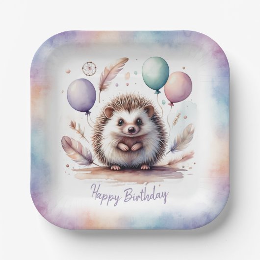 Cute Watercolor Hedgehog with Balloons Birthday  ペーパープレート (正面)