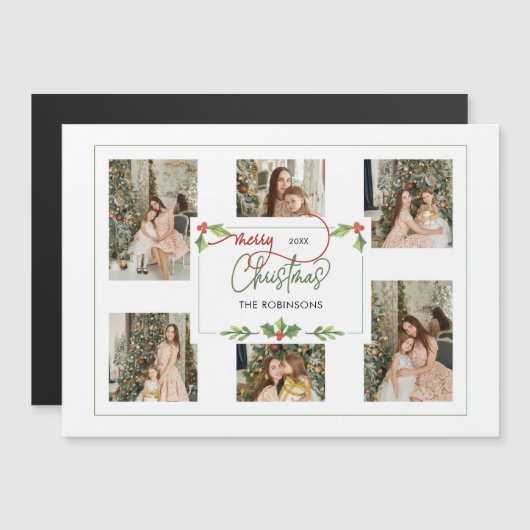 Cute Watercolor Holly Merry Christmas Multi Photo (正面/裏面)