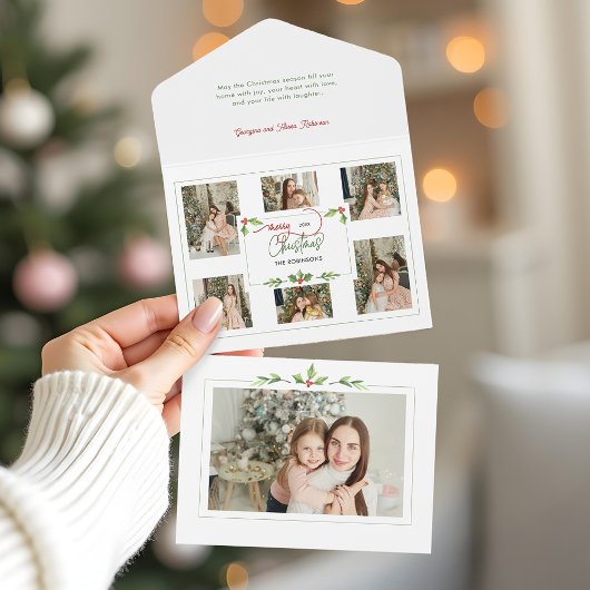 Cute Watercolor Holly Merry Christmas Multi Photo オールインワン招待状