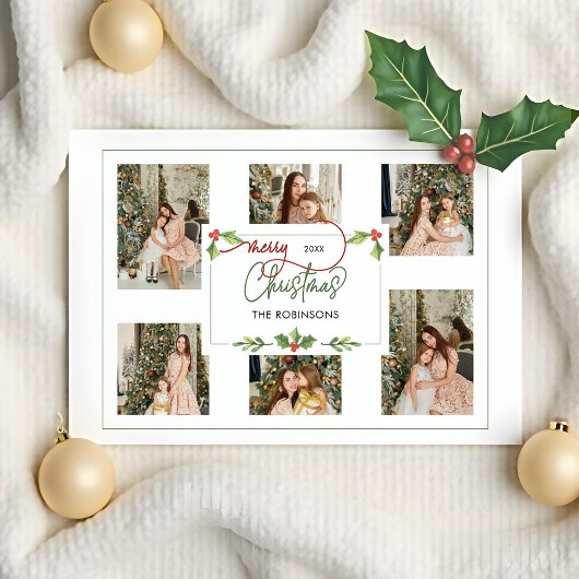 Cute Watercolor Holly Merry Christmas Multi Photo シーズンカード