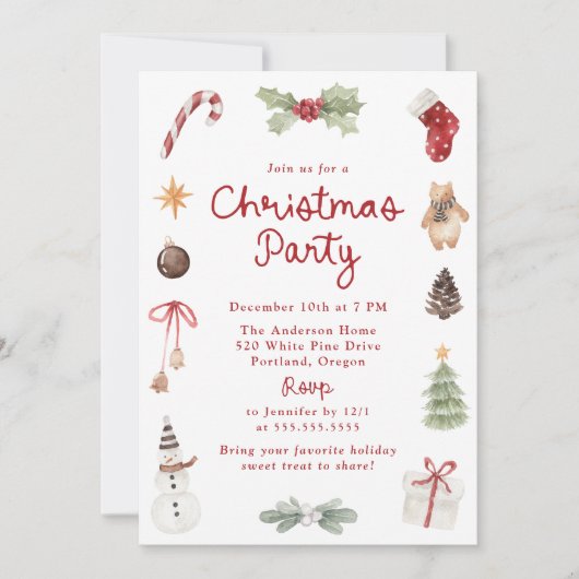 Cute Watercolor Illustrations Christmas Party 招待状 (正面)