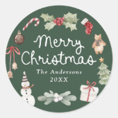 Cute Watercolor Illustrations Green Christmas ラウンドシール (正面)