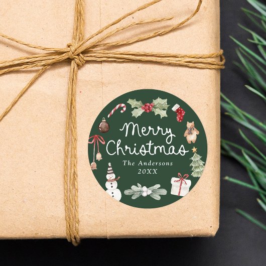 Cute Watercolor Illustrations Green Christmas ラウンドシール