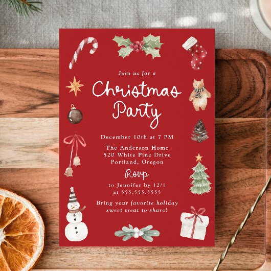Cute Watercolor Illustrations Red Christmas Party 招待状