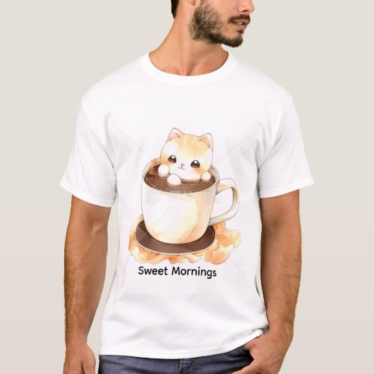 Cute Watercolor Kitten in Teacup Graphic T-Shirt Tシャツ (正面)