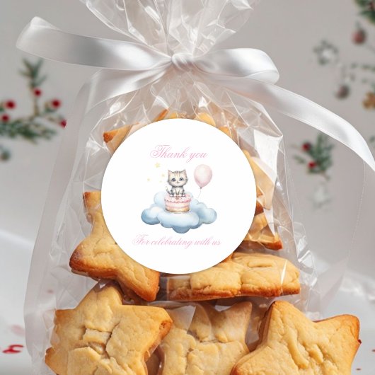 Cute watercolor Kitten thank you  ラウンドシール