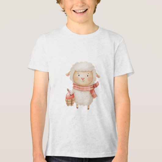 Cute Watercolor Lamb with Apple Basket Illustratio トライブレンドＴシャツ (正面)