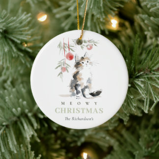 Cute Watercolor Meowy Christmas Tree Cat Photo セラミックオーナメント
