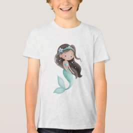 Cute Watercolor Mermaid Girl with Dark Hair トライブレンドTシャツ